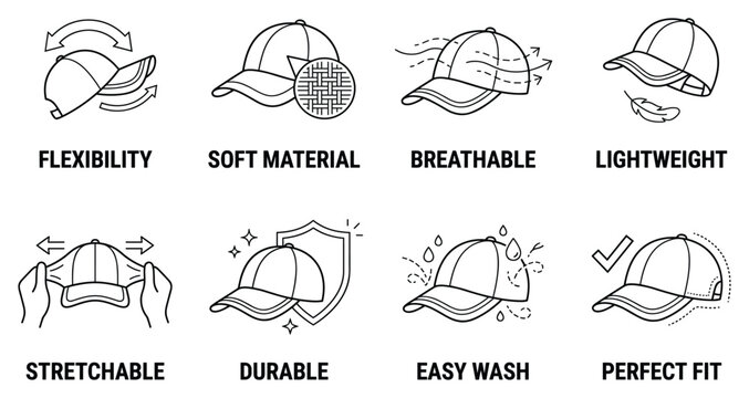 Baseball cap icons set of eight symbols for casual headwear functionality and style.