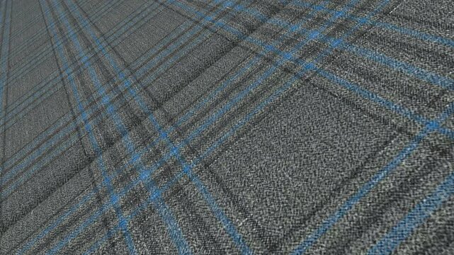Atmospheric Cinematic Movement Along Italian Murano Gray Blue Plaid Wool Linen Silk Fabric with Angled Camera View, Balanced Lighting and Elegant Check Details