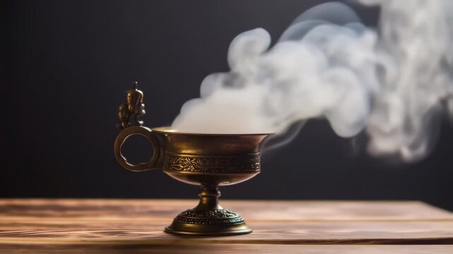 Ornate brass incense burner with rising smoke (2)