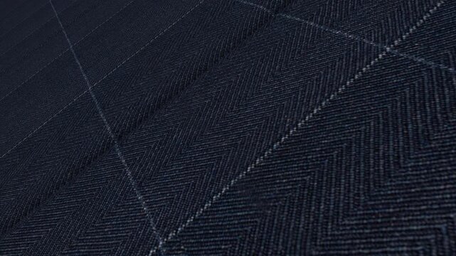 Seamless Cinematic Movement Along Italian Navy Herringbone Windowpane Wool Fabric with Angled Camera Perspective, Refined Lighting and Complex Woven Details