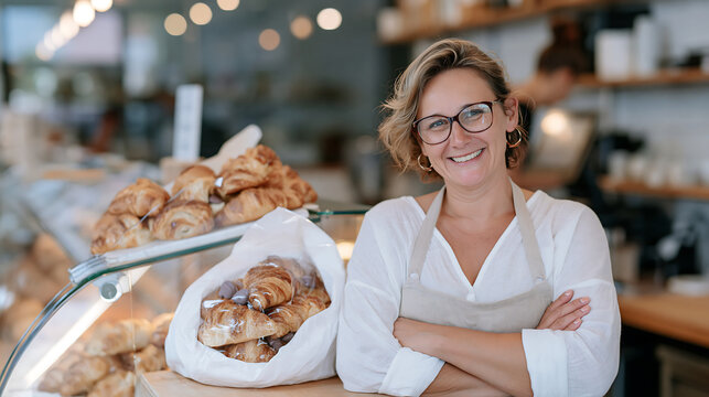 smiling female bakery owner standing with crossed arms beside freshly baked croissants in a cozy artisan bakery