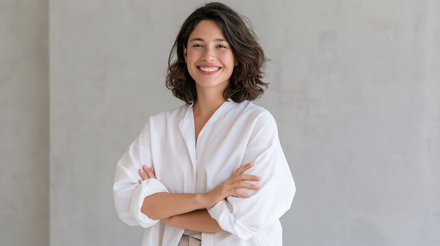 confident smiling woman with dark curly hair in a white shirt standing with arms crossed against a plain gray studio background showing positive attitude and professional success