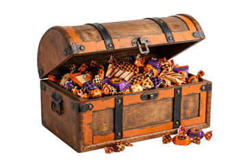 Antique wooden treasure chest filled with halloween candies © PNG Lab