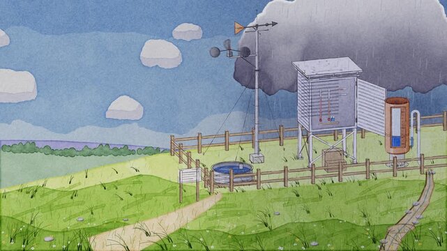 Watercolor weather station on a green hill, rain gauge siphon empties after a summer shower, spinning anemometer, seamless loop with copy space
