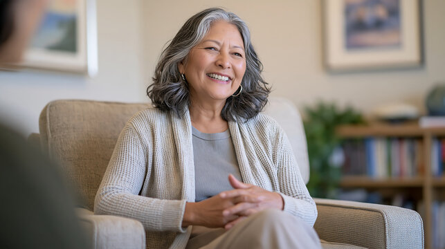 senior woman in a floral blouse holding a paper document while talking with a financial advisor in a bright office showing retirement planning and insurance consultation