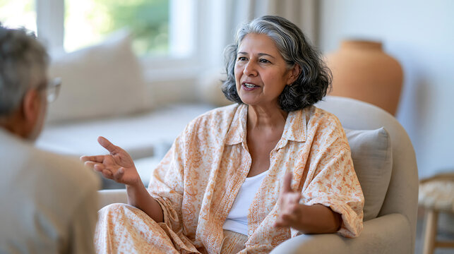 mature woman discussing paperwork with an advisor during an appointment showing financial planning trust and support for older adults in a calm modern office