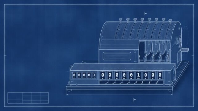 Blueprint of a mechanical calculator: pinwheels turn and the carry ripples from 999 to 1000 across the number wheels, seamless loop with copy space