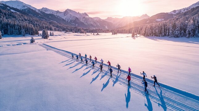 winter sports activities, aerial view captures cross-country skiers creating parallel lines in snow