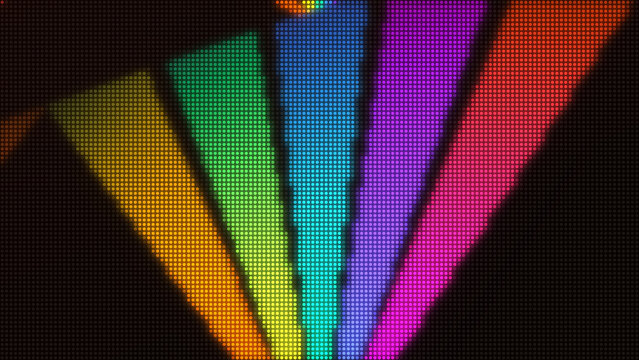 Rainbow LED light fan beams in perspective on dark background