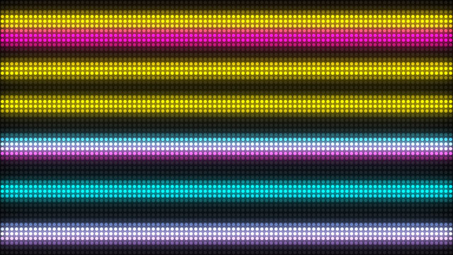 Horizontal neon LED stripes in yellow, magenta and cyan on black