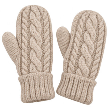 Oatmeal cable knit wool mittens with ribbed cuffs