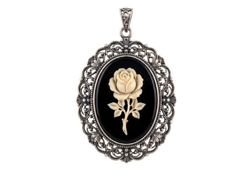 Antique silver cameo pendant with carved white rose on transparent background