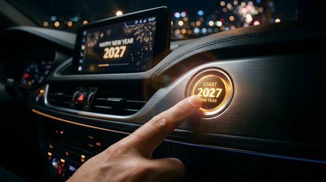 Hand pressing start button for new year 2027 in car
