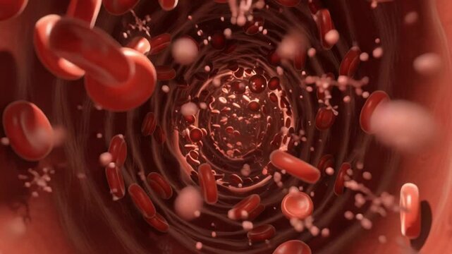 Microscopic view of red blood cells in artery cg flythrough