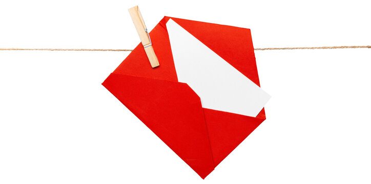 Red envelope hanging on a string with a clothespin, ready to send a message