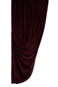 Draped dark red velvet theater curtain on transparent background