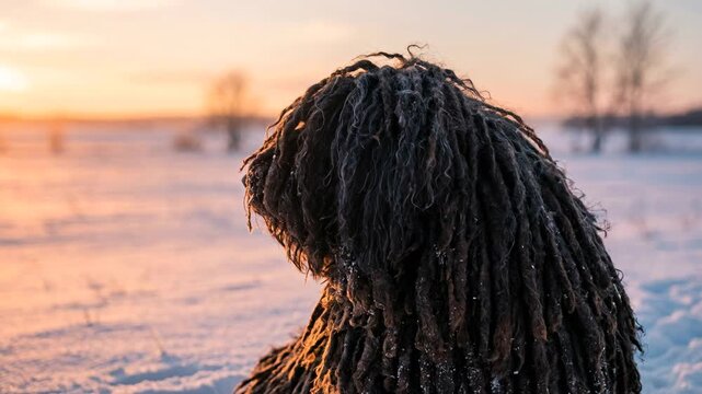 puli dog close up in winter sunset light in hungary video