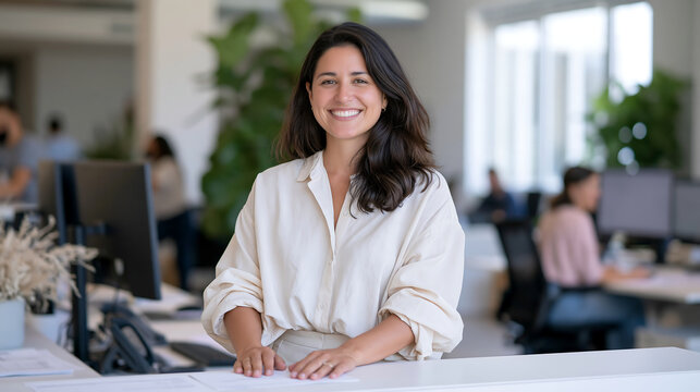 smiling young businesswoman in a pink shirt sitting at an office desk with a computer in a bright modern workplace with colleagues blurred in the background showing friendly