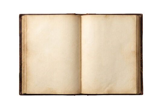 Open vintage book with blank aged pages on transparent background