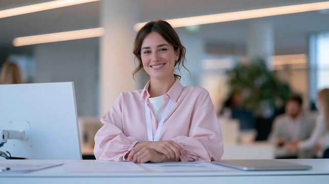 smiling young businesswoman in a pink shirt sitting at an office desk with a computer in a bright modern workplace with colleagues blurred in the background showing friendly