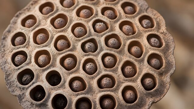 Macro close-up of a dried lotus seed head with seeds in honeycomb holes, natural brown texture