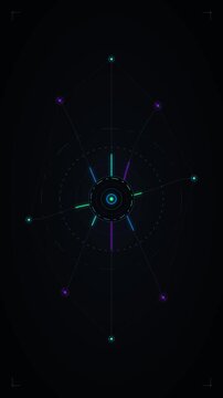 Futuristic hud interface with pulsing neon geometric data circles and nodes digital