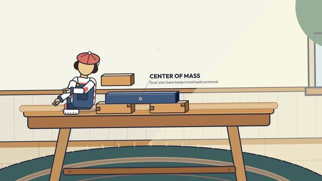Educational animation explaining structural engineering and physics concepts using building blocks, featuring center of mass, corbeled cantilever, keystone wedging, and torsional balance