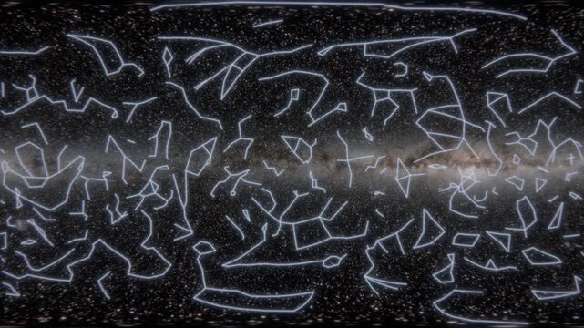 360&deg; equirectangular constellation map over the Milky Way, VR 360 format, 4K Seamless Loop