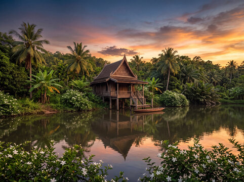Teak house by river K traditional wooden house river sunset tropical palm boat reflection stilt house jungle bungalow waterfront tranquil