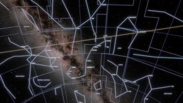 Constellation map with IAU boundaries and ecliptic over the Milky Way and star names, 4K