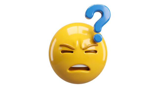 3D emoji face with squinting eyes, furrowed brows and blue question mark representing confusion, doubt and uncertainty, isolated on white background
