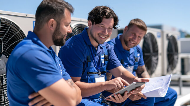 three smiling hvac technicians in blue uniforms inspecting an outdoor air conditioning unit and using a digital tablet to plan maintenance and repair service on a sunny day