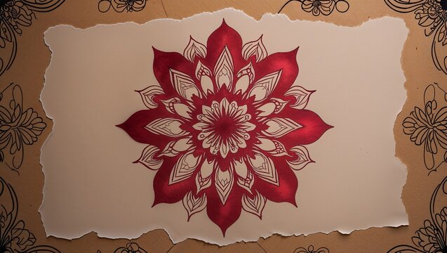 Red floral mandala on torn beige paper with decorative borders