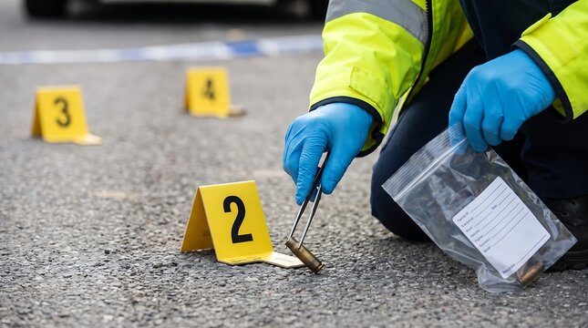 Forensic investigator collecting evidence at a crime scene with criminology tweezers investigation