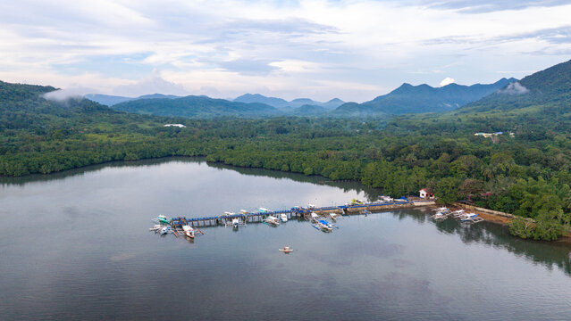Aerial view of the pier with traditional outrigger boats docked in the calm bay, surrounded by lush green hills and dense mangrove forests in Busuanga, Mimaropa, Philippines.