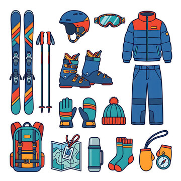 Ski and Winter Sports Equipment and Clothing Set Isolated on Transparent Background