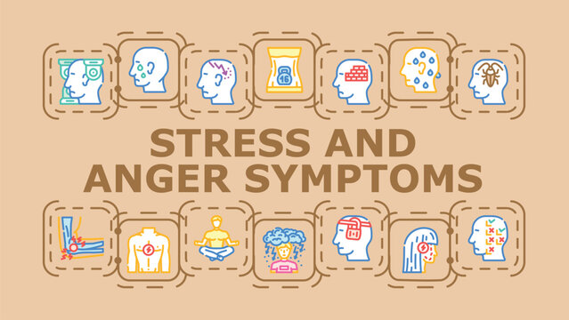 Stress and anger symptoms banner infographic. Heartbeat headache, irritability hostility, agitation clenched icon vector illustration