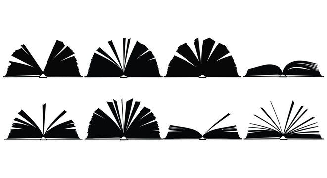 Open book silhouettes depict pages fanning out against a white background