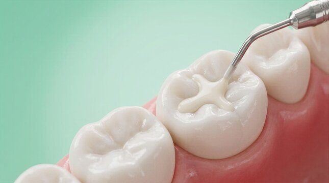 Dental sealant procedure applying white composite resin into molar tooth fissure pit