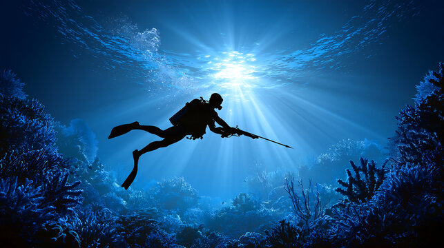 spearfisher in a black wetsuit and diving mask holding a spear gun while swimming over a colorful coral reef in clear shallow water for underwater hunting and extreme sport