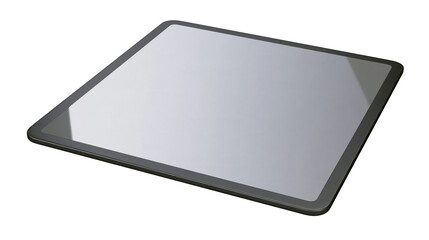 Isolated modern digital tablet with sleek dark frame and grey screen, presented from an angled view. © Lars