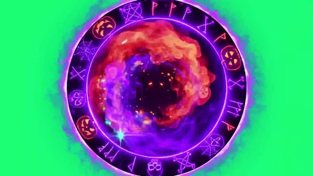 Rotating magical rune circle with purple and orange glow on green screen.