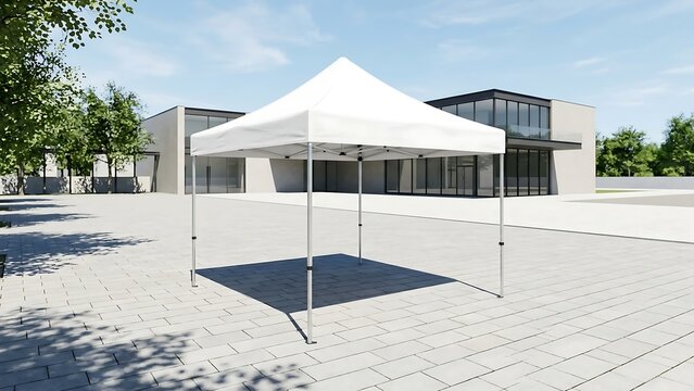 White foldable pop-up canopy tent standing on a stone paved outdoor plaza in front of a modern minimalist office building under a clear blue sky, ideal for exhibitions, events, or outdoor shade.