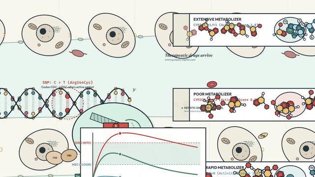 Animation of Cytochrome P450 SNP effect on drug elimination showing how single nucleotide polymorphism C to T Arg144Cys alters active pocket causing steric clash and poor metabolism of therapeutics