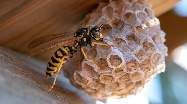 paper wasp guarding its colony on a wasp nest with transparent wings and black stripes in bright summer light for a concept about garden pest and dangerous insects