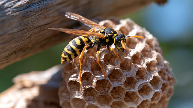 close up macro of a yellow and black wasp sitting on a paper nest with hexagon honeycomb cells in the sun showing wild insect behavior and nature wildlife