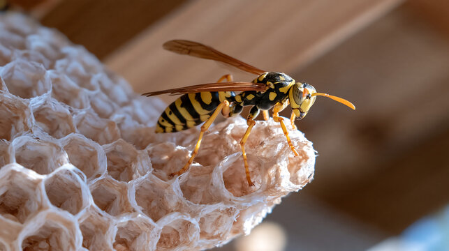 close up macro of a yellow and black wasp sitting on a paper nest with hexagon honeycomb cells in the sun showing wild insect behavior and nature wildlife