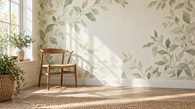 Minimalist botanical wallpaper living room mock up, watercolor leaf wall art, Scandinavian interior design background
