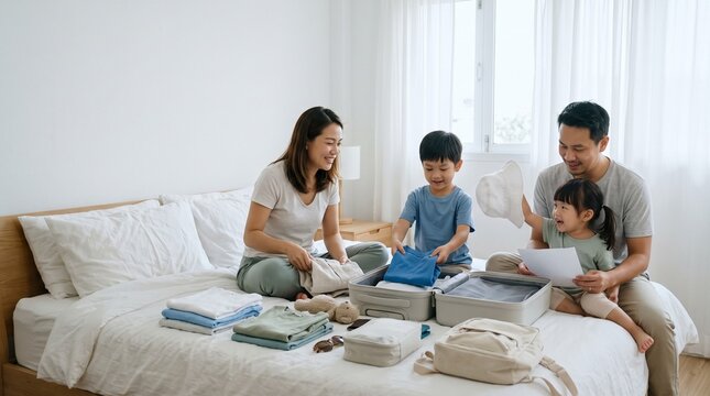 Family of four packing a suitcase together for a holiday trip
