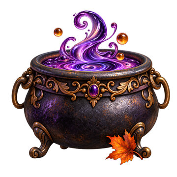 Ornate Dark Metal Pot with Swirling Purple Magical Liquid, Floating Amber Orbs and Autumn Maple Leaf Isolated on Transparent Background